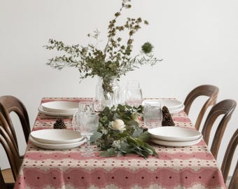 Blush Rosa & Creme Tischdecke - Vintage Geometrisches Muster, Cottagecore Bauernhaus Tischwäsche