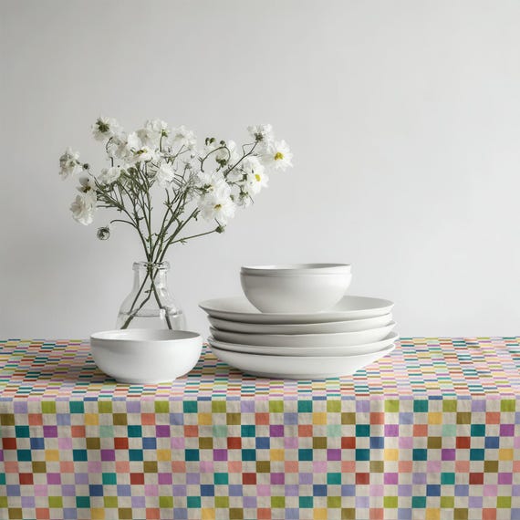 Colorful Checkered Tablecloth, Pastel Grid Tablecloth, Rainbow Plaid Tablecloth, Scandinavian Tablecloth, Retro Tablecloth