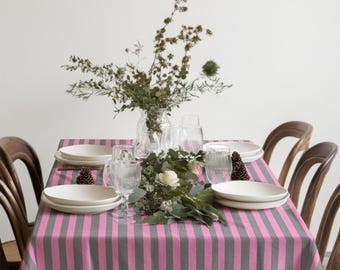 Rosa und Grau gestreifte Tischdecke - Moderne Tischdecke, Farbenfrohes Esszimmer Dekor, Zeitgenössische Tischwäsche