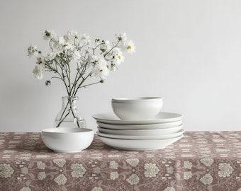 Dusty Mauve Beige Floral Tablecloth, Vintage Botanical Table Linen, Cottagecore Dining Table Cover