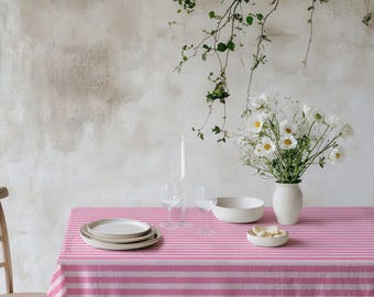 Nappe à rayures blanches et roses, nappe à rayures pastel douces, linge de table de ferme Cottagecore, housse de table à manger de style vintage
