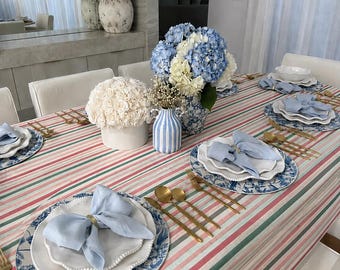 Rood groen roze gestreept tafelkleed, kleurrijk tafellinnen met verticale strepen, modern decor voor boerderijdiners