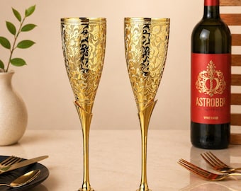 Copas de vino de latón chapadas en oro de 24 quilates, cáliz de latón grabado, copa vintage personalizada, regalo de boda, regalo de aniversario, elegante menaje de bar.