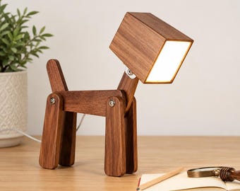 Lámpara de mesa LED de madera con forma de perro, hecha a mano, para la decoración de la habitación de los niños. Bonita lámpara de escritorio con forma de perro, recargable.