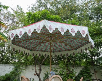 Hand Block Print Garden Parasol – Vintage Floral Canopy, 2.7m Dia