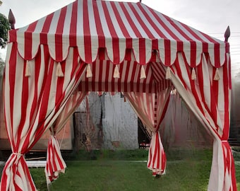 Red & White Striped Cotton Canvas Garden Tent - Luxury Outdoor Cabana