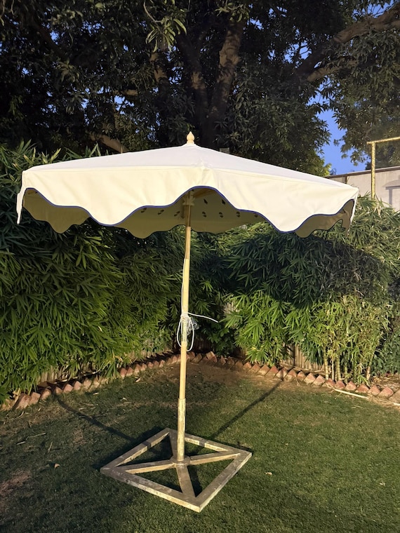 cotton canvas patio umbrella White Cotton Canvas Garden Parasol, Blue Motif, Luxury Event Umbrella