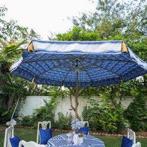 blue patterned patio umbrella Abba Table Market Unrivaled in its size and beauty Blue Floral Garden Parasol |