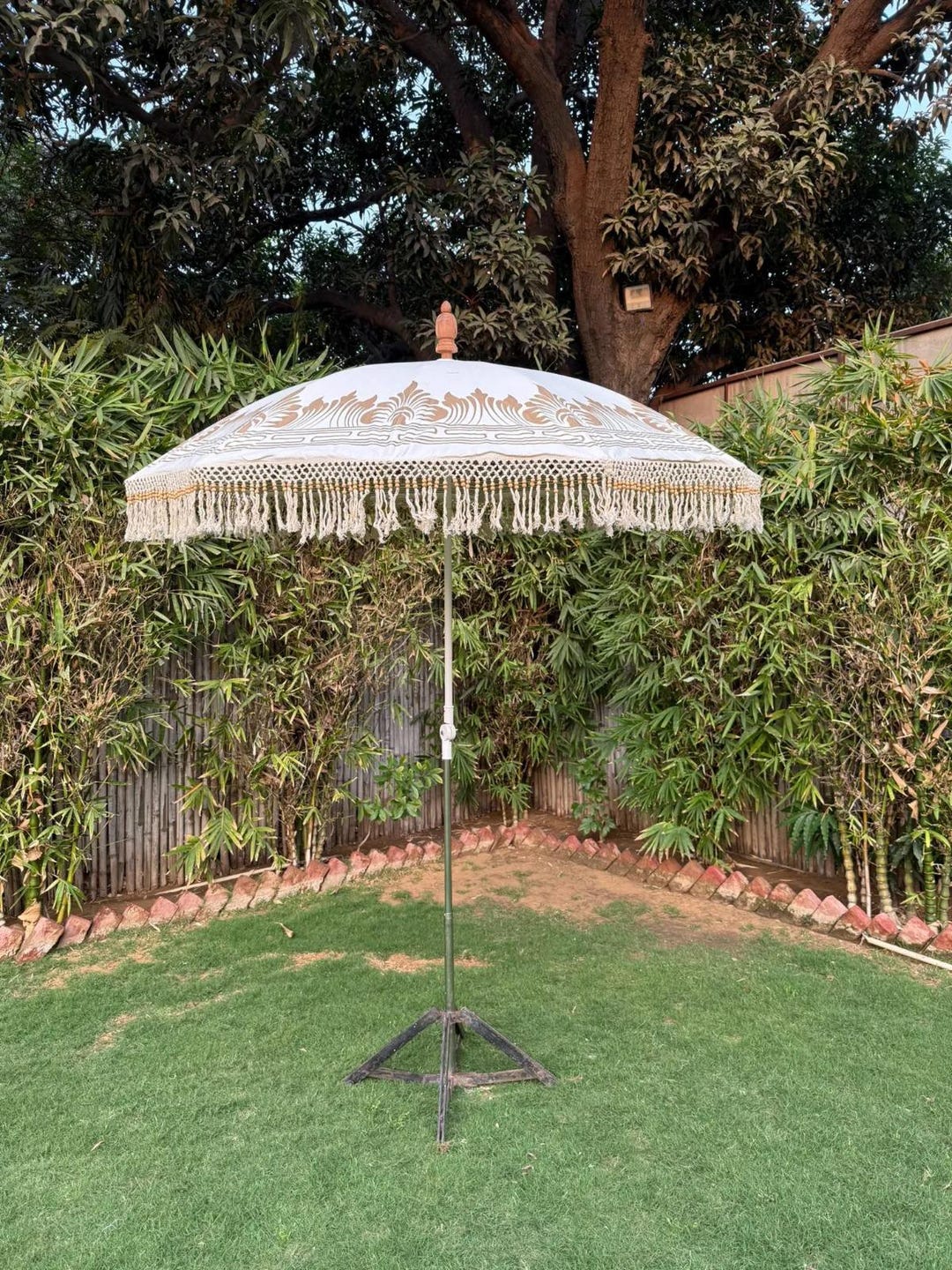 Luxury Boho Fringe Parasol – White Canvas With Golden Motifs - Etsy
