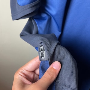 May include: A blue and dark gray athletic shirt featuring a textured mesh fabric. A small rectangular tag is attached to the side seam, displaying the text CLIMALITE in white capital letters against a dark gray background with a blue border.