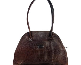 Vintage Mulberry Brown Leather Bag Croc Embossed Shoulder Bag Classic UK Designer Handbag Plaid Lining 90s Style
