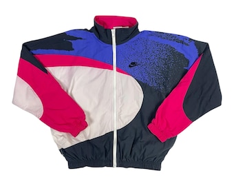 Vintage Style Tennis Windbreaker Jacket | Challenge Court Retro Colorblock Jacket | Womens Zip Up Sports Jacket | Size M