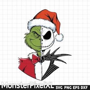 Puede incluir: Ilustración gráfica con un diseño de rostro dividido. Un lado representa al Grinch en verde con un gorro de Papá Noel, el otro lado muestra a Jack Skellington. El lado del Grinch tiene un abrigo rojo y una pajarita. Incluye el texto "MonsterPixelXL".