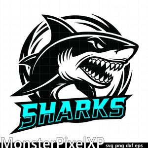 Puede incluir: Gráfico en blanco y negro de un tiburón con la boca abierta y dientes afilados. La palabra "SHARKS" en turquesa. El diseño está sobre un fondo blanco.