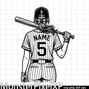 May include: Black and white illustration of a baseball player from the back, wearing a pinstripe jersey with the number 5 and the name "NAME". The player is holding a baseball bat over their shoulder and wearing a baseball cap.