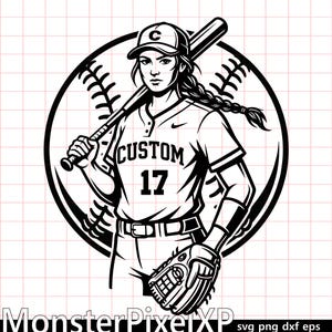 May include: Black and white illustration of a softball player with a bat over her shoulder, wearing a cap and jersey with "CUSTOM" and the number 17. A softball and glove are also visible. The image is set against a grid background.