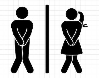 May include: Black and white restroom sign featuring stick figures. A male figure stands on the left, and a female figure is on the right, separated by a vertical line. The text "MonsterPixelXL" is at the bottom.
