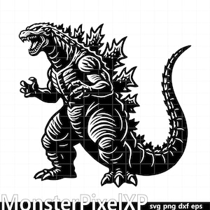 Può includere: Illustrazione in bianco e nero di Godzilla, un grande mostro rettiliano, in posa dinamica. La creatura è raffigurata con pinne dorsali affilate, una lunga coda e la bocca aperta. Il testo "MonsterPixelXP" è in basso.