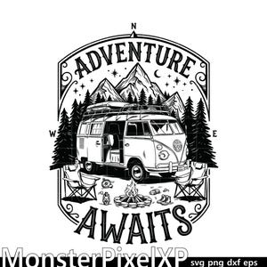 May include: A black and white graphic illustration featuring a vintage camper van parked in a forest with mountains in the background. The design includes two folding chairs, a campfire, a lantern, and the text ADVENTURE AWAITS with compass points.