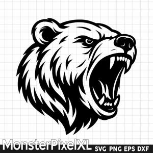 May include: A monochrome illustration of a bear's head, roaring with its mouth open, teeth bared. The image features detailed fur and the text "MonsterPixelXL SVG PNG EPS DXF" at the bottom, suitable for digital design.