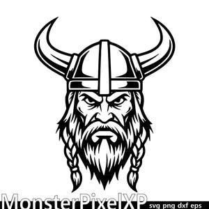Può includere: Illustrazione in bianco e nero della testa di un guerriero vichingo. Il vichingo indossa un elmo con corna, una lunga barba e capelli intrecciati. Il testo "MonsterPixelXP" è visibile in basso.