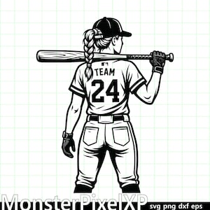 May include: Black and white illustration of a baseball player wearing a cap and jersey with the number 24. The player is holding a baseball bat over their shoulder, wearing gloves and jeans.