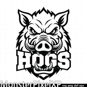 May include: A black and white graphic of a wild boar's head with the word "HOGS" in bold letters beneath it. The boar has sharp tusks and an intense expression. The image is a vector design, suitable for various applications.