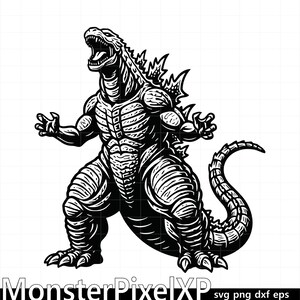 Può includere: Illustrazione in bianco e nero di Godzilla, un grande mostro rettiliano, in piedi con la bocca aperta e le braccia tese. L'immagine è una grafica vettoriale, con il testo "MonsterPixelXP" in basso.