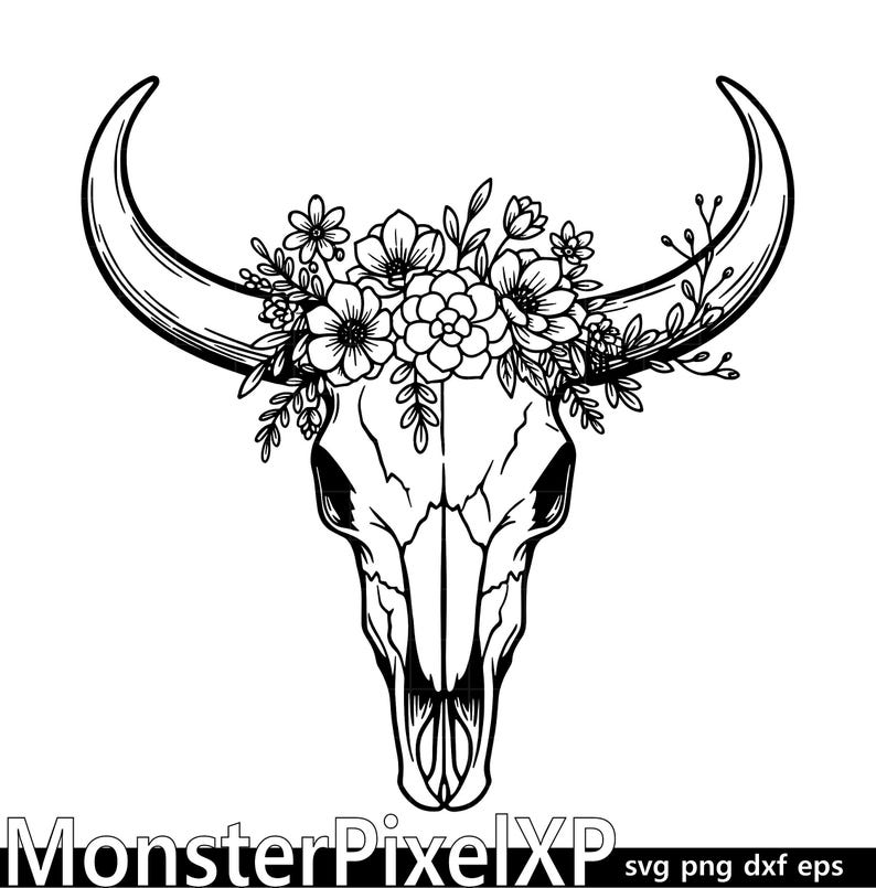 Floral Cow Skull SVG: Capcut & Silhouette Cut File Design (Digital File) image 1