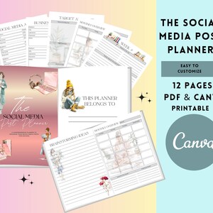 Può includere: Un pianificatore di post sui social media con una copertina rosa e bianca, con illustrazioni e il testo "The Social Media Post Planner". Pagine aggiuntive includono modelli di pianificazione e il logo Canva. Il pianificatore è facile da personalizzare e ha 12 pagine.