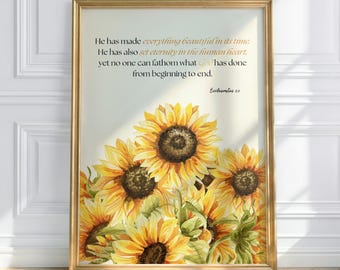 Bibelverstryck med solrosmotiv, Predikaren 3:11, akvarellkonst (digital nedladdning)