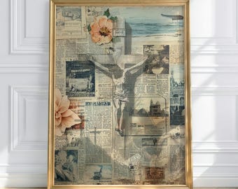Vintage Jesus på korset collagekonst | Utskrivbar religiös dekor (digital nedladdning)