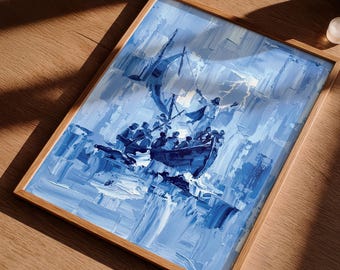 Jesus lugnar stormkonst, blått abstrakt kristet tryck (digital nedladdning)
