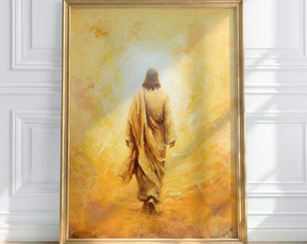 Väggkonst med Jesus som går in i ljuset | Kristen utskrivbar | Målning med gudomligt ljus | Inspirerande bibeldekor