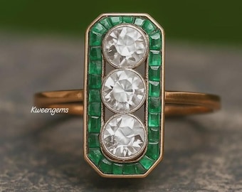 Antique Natural Emerald Ring, 14K Gold & Silver, Art Deco Women's Anniversary Gift