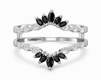 Natural Black Onyx Diamonds Wrap Enhancer Band/ 14K Gold or Silver Wedding Ring Jacket