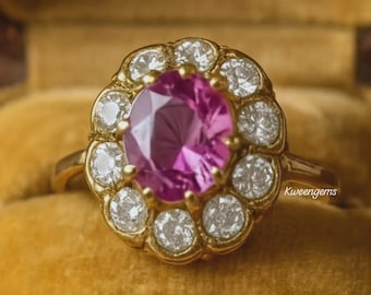 Vintage Sapphire Halo Ring, Oval Cut, 14K Gold & Silver, Natural Pink Diamond