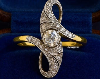 Navette Moissanite Engagement Ring, 14K Yellow Gold & Silver Vintage