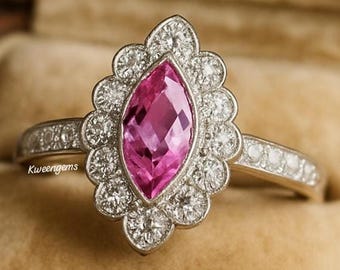 Vintage Natural Pink Sapphire Ring, Marquise Cut, 14K Gold & Silver