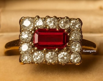 Antique Edwardian Natural Red Ruby Ring, Halo Diamonds, 14K Gold & Silver