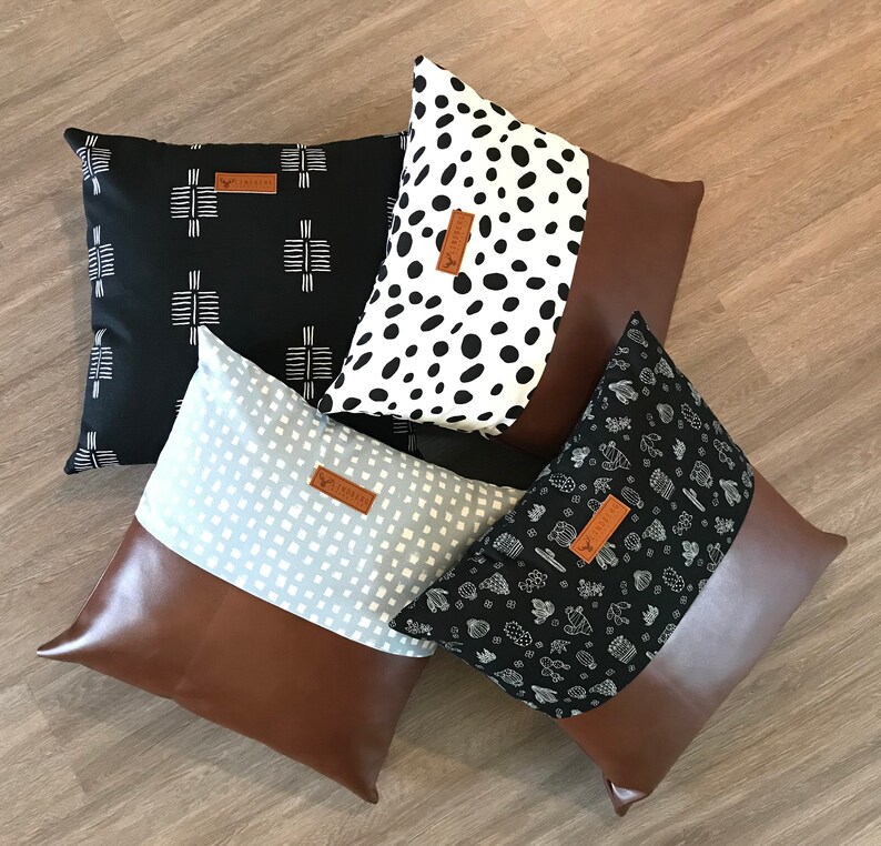 cactus print pillow with faux leather blocking