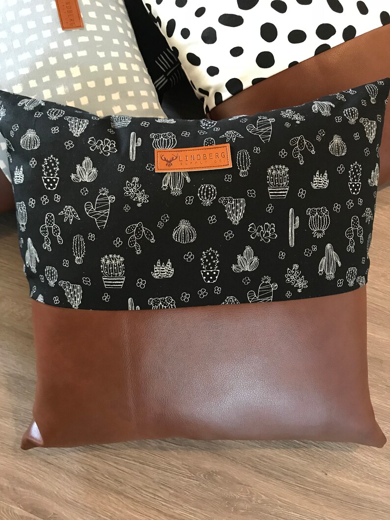 cactus print pillow with faux leather blocking