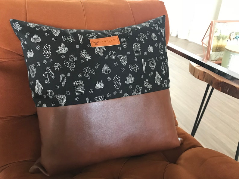cactus print pillow with faux leather blocking