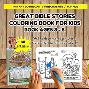 Puede incluir: Un libro de colorear digital titulado Great Bible Stories for Kids ages 3-8, con 68 páginas. La portada muestra el arca de Noé y las páginas interiores presentan ilustraciones de líneas en blanco y negro de escenas bíblicas, incluyendo a Noé.
