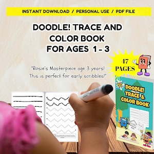 May include: A digital doodle, trace, and color book for ages 1-3, featuring 47 pages of line-tracing exercises. The cover displays the title, cartoon characters, and a house illustration. Includes text: DOODLE! TRACE AND COLOR BOOK FOR AGES 1-3.