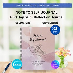Könnte beinhalten: Ein spiralgebundenes Note to Self Journal mit einem 30-Tage-Thema zur Selbstreflexion. Das Cover zeigt eine Strichzeichnung einer Person mit Hut vor einem zartrosa und violetten Aquarellhintergrund. Es ist im US-Letter-Format und bearbeitbar.
