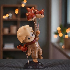 Figura de niño de madera hecha a mano con globos de zorro / para decoración de escritorio / regalo