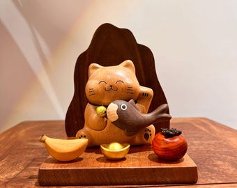 木製招き猫置物｜幸運を呼ぶ招き猫の彫刻、ホームデコレーション｜アジアンギフト