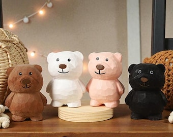 Wooden Bear Couple Figurine Set | Minimalist Scandi Desk Decor, Hand Carved Forest Animal Gift