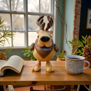 Handmade Wooden Reindeer Figurine Cartoon Animal Decor Natural Wood | Desk Shelf Gift 5.0 (2)